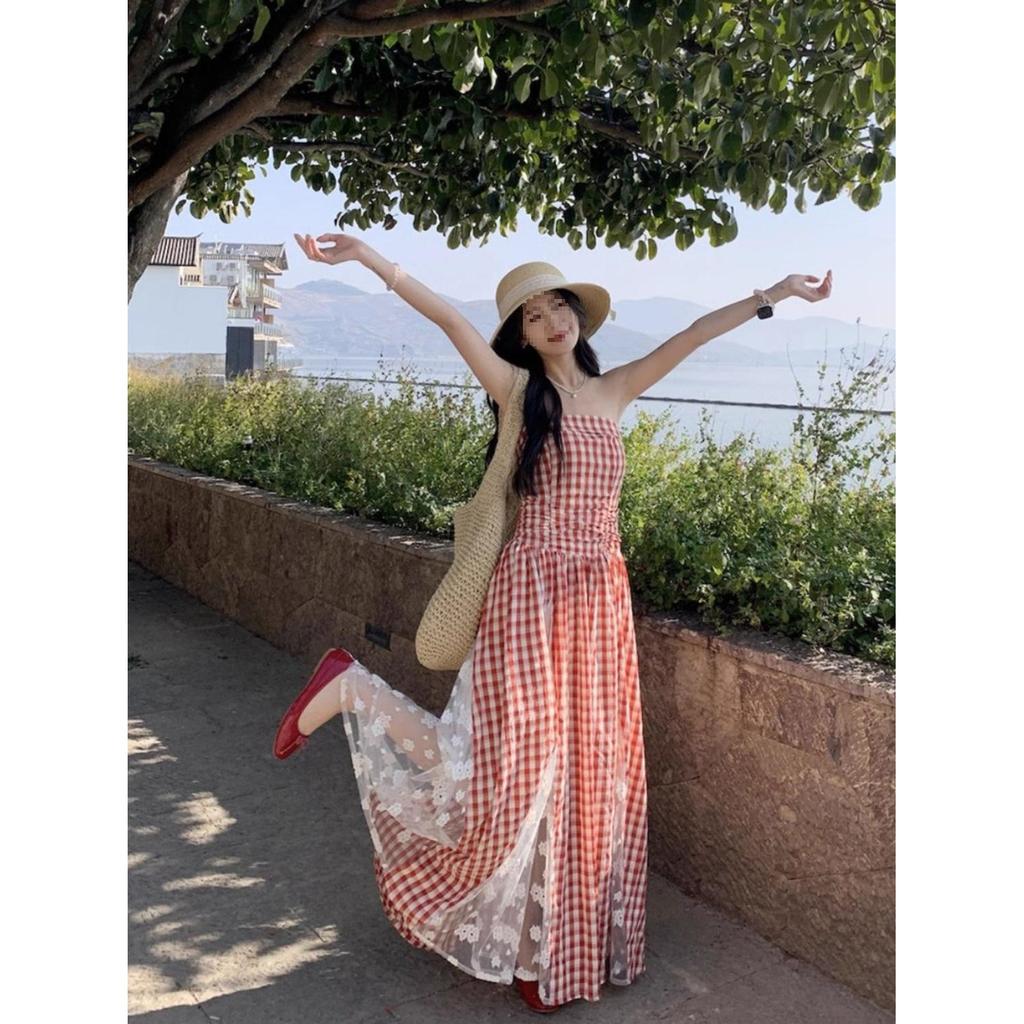 Women's Retro Plaid Lace Bandeau Dress - 2026 Spring/Summer Waist-Cinched Skirt