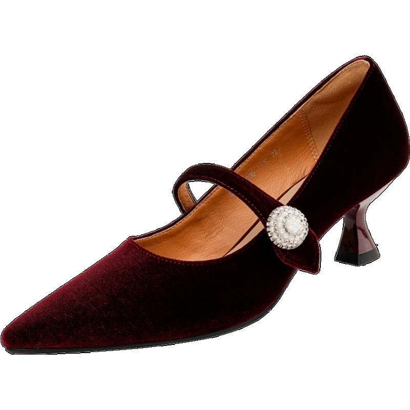 

Suede Stiletto Pearl Buckle High Heels Autumn Fashion Pointed Toe Shallow Mouth Low Top Single 35 вино красного