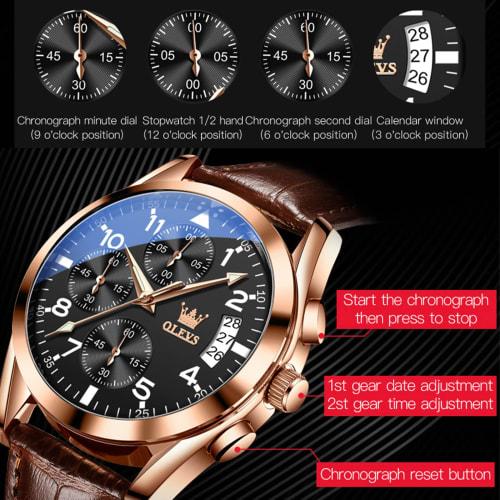 OLEVS Men's Business Waterproof Watch with Brown Leather Strap, Popular Wristwatch for Men, Easy-to-Read Clock, Date Display, Simple Quartz Movement,