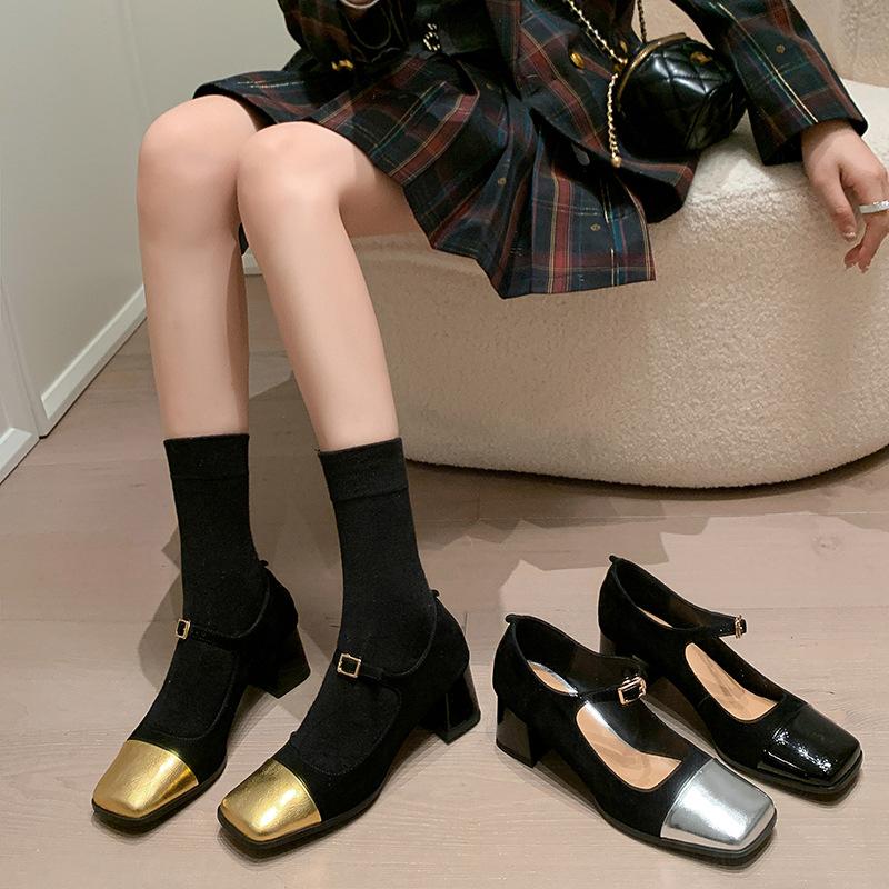 2025 Autumn and Winter New Light Mouth One-word Single Shoes Women's Thick Heel Color Matching Square Head Versatile French Retro Mary Jane Shoes