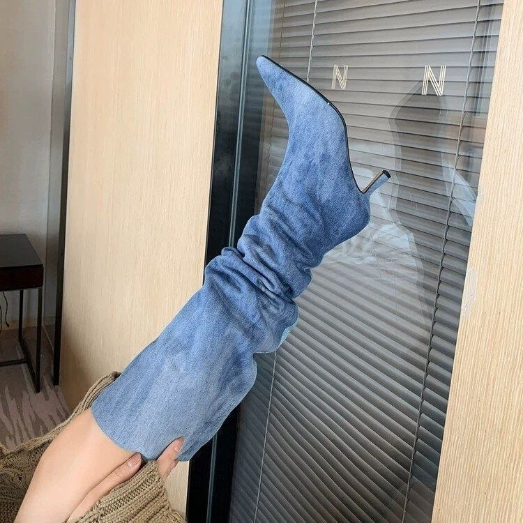 European and American style pointed high tube pleated piled boots women's 2025 autumn fine heel denim high heel knee boots