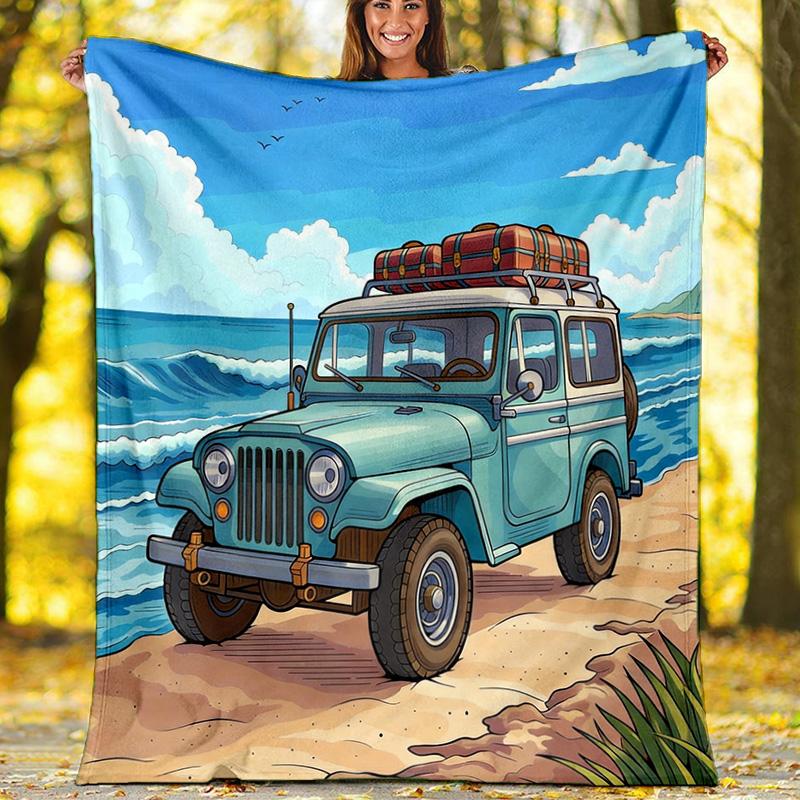 

Pink Car Butterfly Rose Countryside Fleece Printed Flannel Blanket, Warm Soft Throw Sofa Bed Blanket 80cm x 120cm
