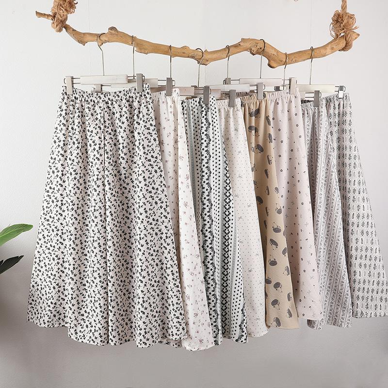 Cool cotton culottes, wide-leg pants, loose and drape, walking pants for home wear, thin legs, floral big swing a-word long skirt