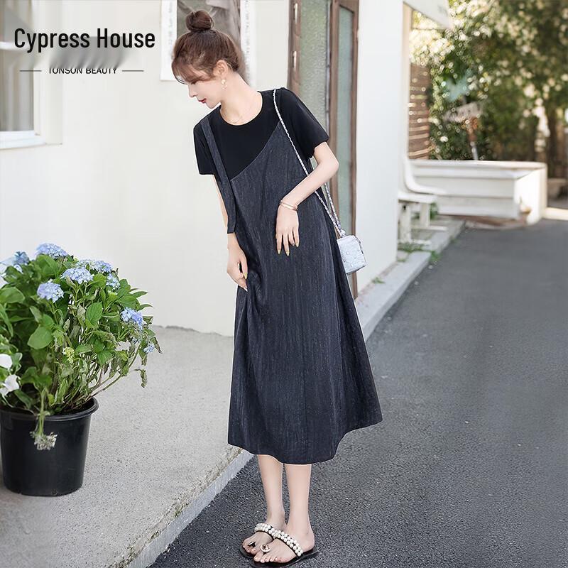Women s Round Neck Color Block Fake Two-Piece T-Shirt Dress M