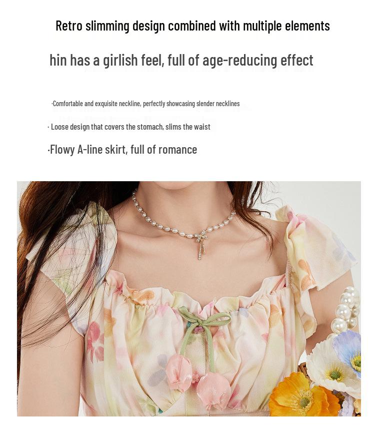 Robe débardeur amincissante à col carré français et manches bouffantes pour femme avec jupe midi florale d'été