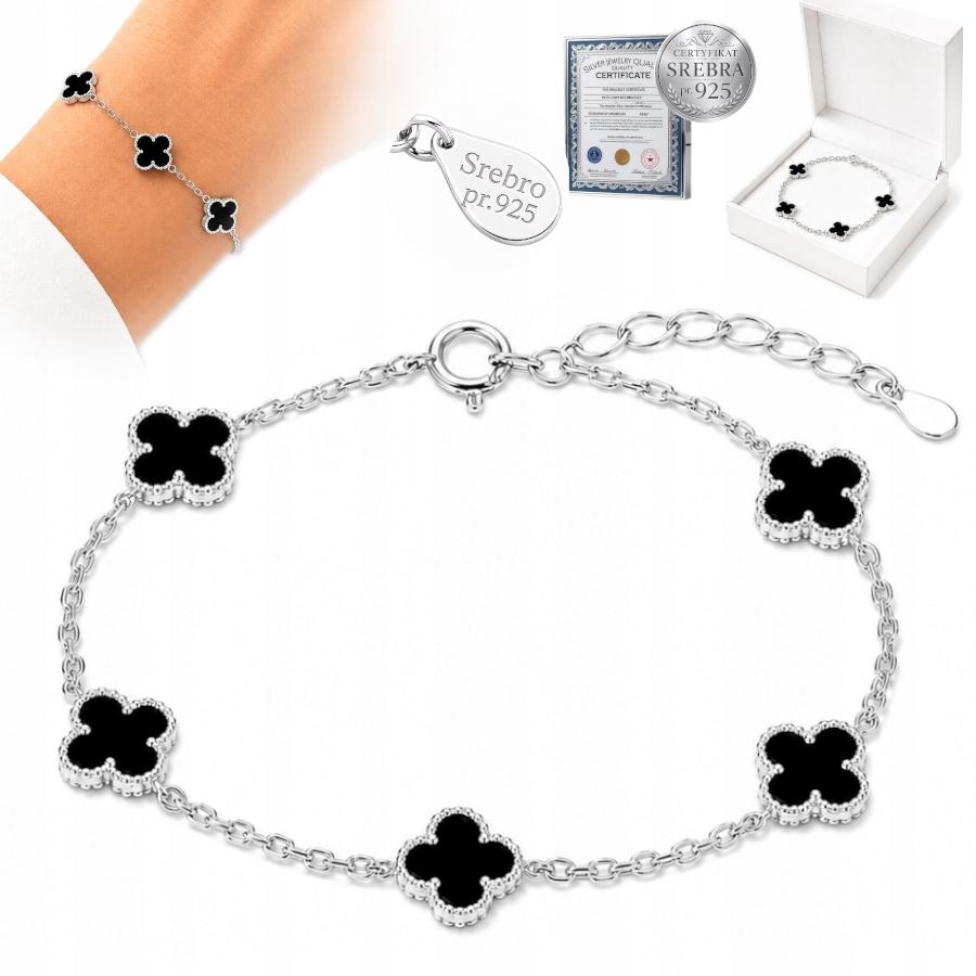 Silver Women' Bracelet 925 Silver Clover Onyx ITALIAN As a Gift