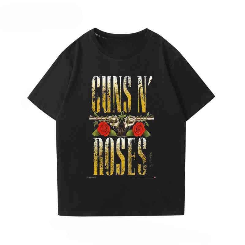 2024 New Fashion Gunsn Rose Men's and Women's Short Sleeve Vintage Rose Print Vintage High Street Loose Casual T-shirt