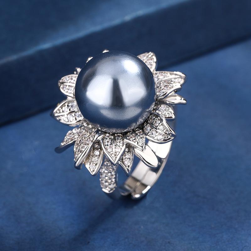 

Jewelry Copper Platinum Plated With Simulation Pearl Flower Diamond Women S Ring 14Mm