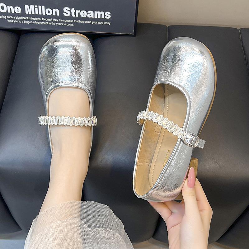Rhinestone silver Mary Jane shoes women's autumn and summer new models with skirts, evening small leather shoes, flat shoes