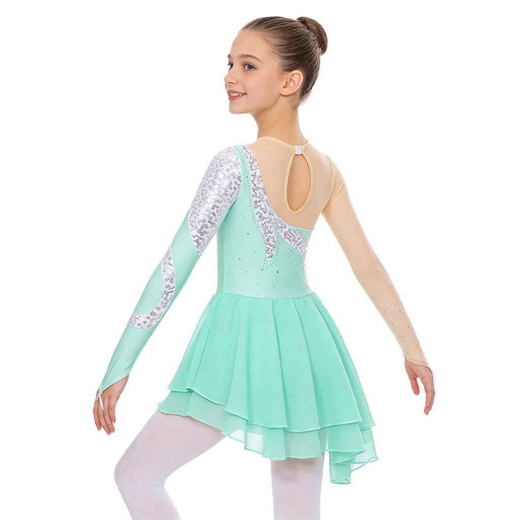 Girls Long Sleeve Dance Dress Shiny Sequins Decorated Patchwork Style Hollow Back Dresses
