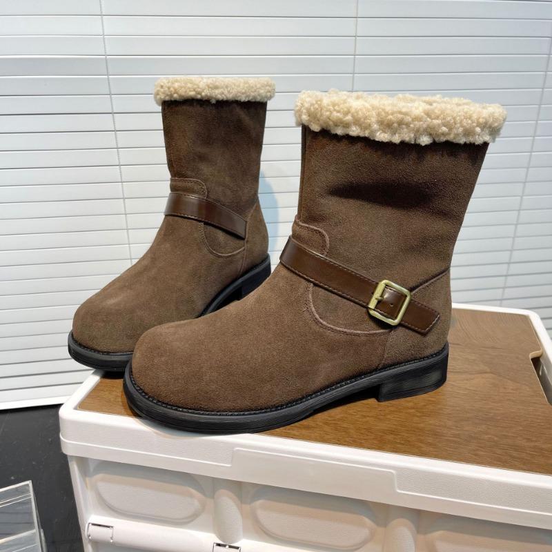 Retro Leather Soft-soled Snow Boots Women's Winter New Round Head Belt Buckle Velvet Thermal Casual Short Boots