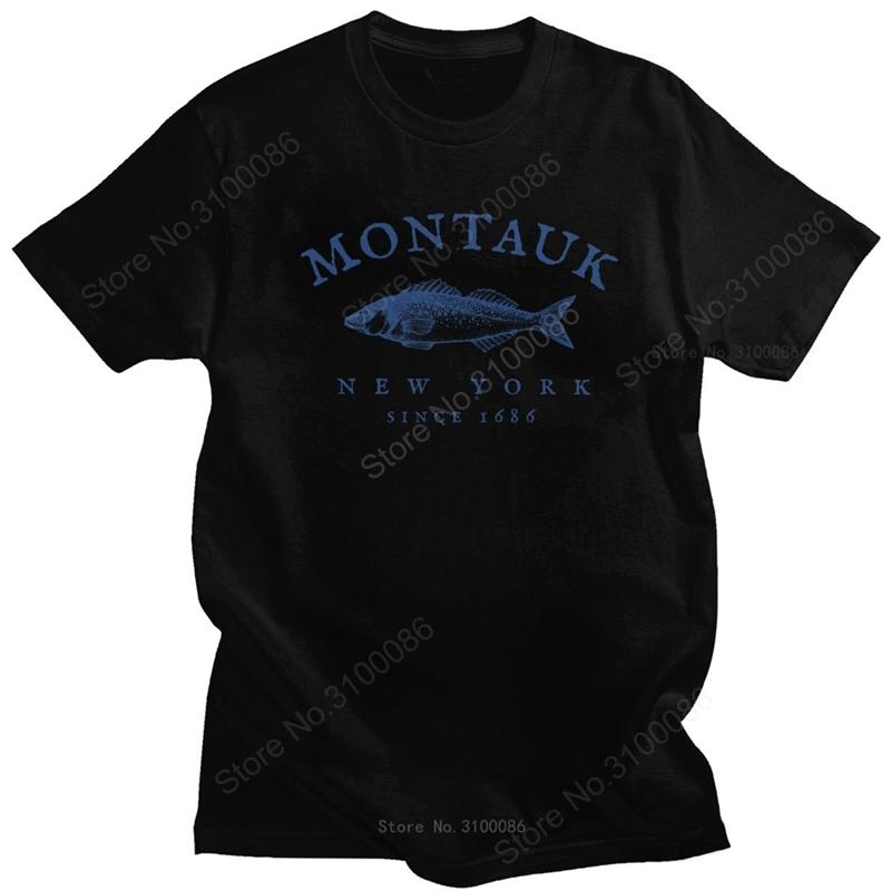 Montauk Nowy Jork Wędkarstwo 1686 Koszulka Męska Bawełniana Koszulka z Rybą Prezent dla Wędkarza na Emeryturze T-shirt z Krótkim Rękawem Drukowany Top Prezent
