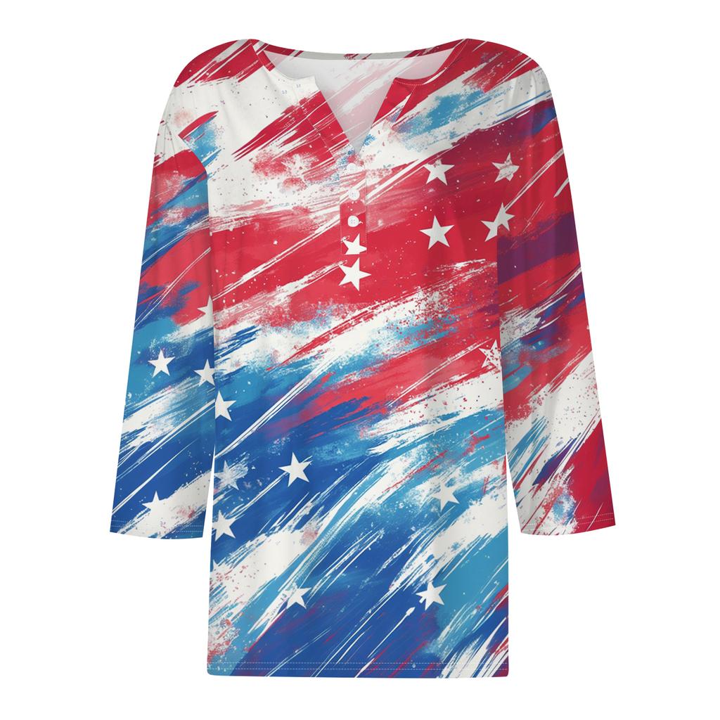 Women's T Shirt Independence Day Print Button 3/4 Sleeve Daily Weekend Fashion Basic V- Neck Regular Top