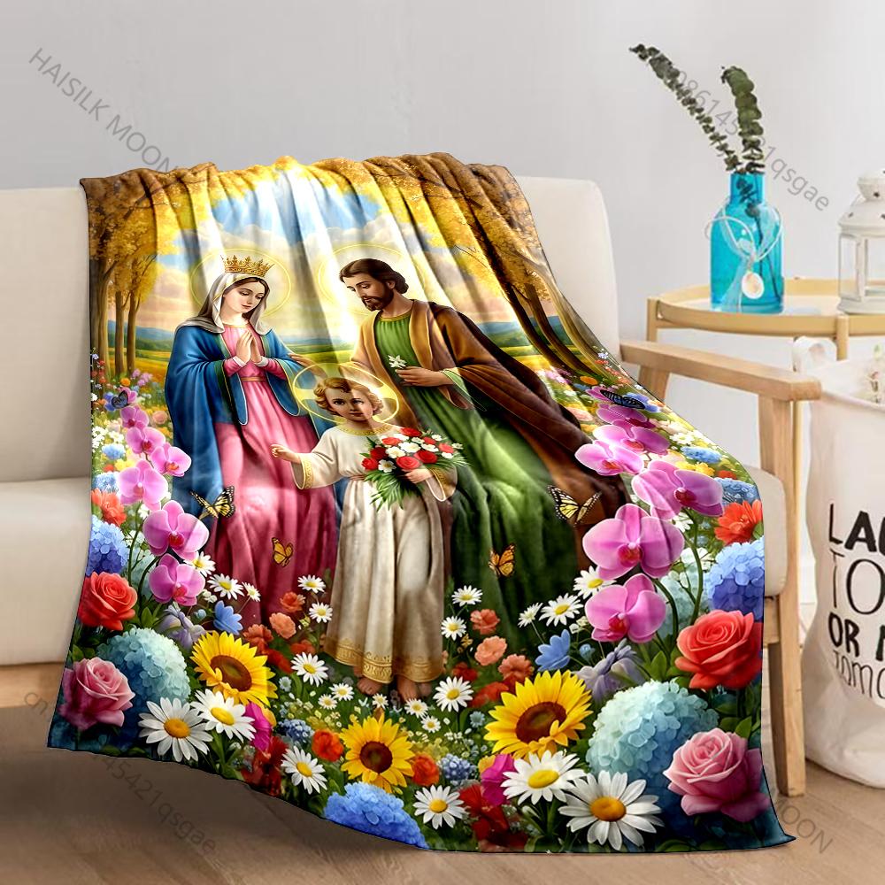 1PC Holy Family with Radiant Garden Print Believer Pray blanket Warm soft flannel material suitable for all seasons luxury gift