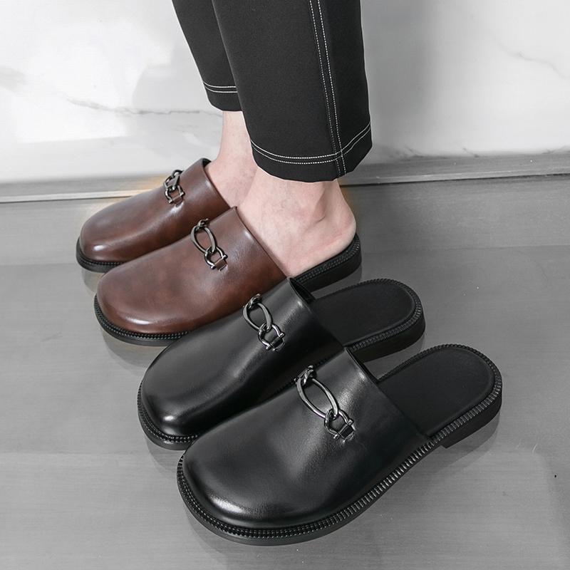 Fashion Retro Men Half-drag Leather Shoes Black Brown Men Casual Comfortable Versatile Fashionable Slippers Sizes 38-46 Men Slippers