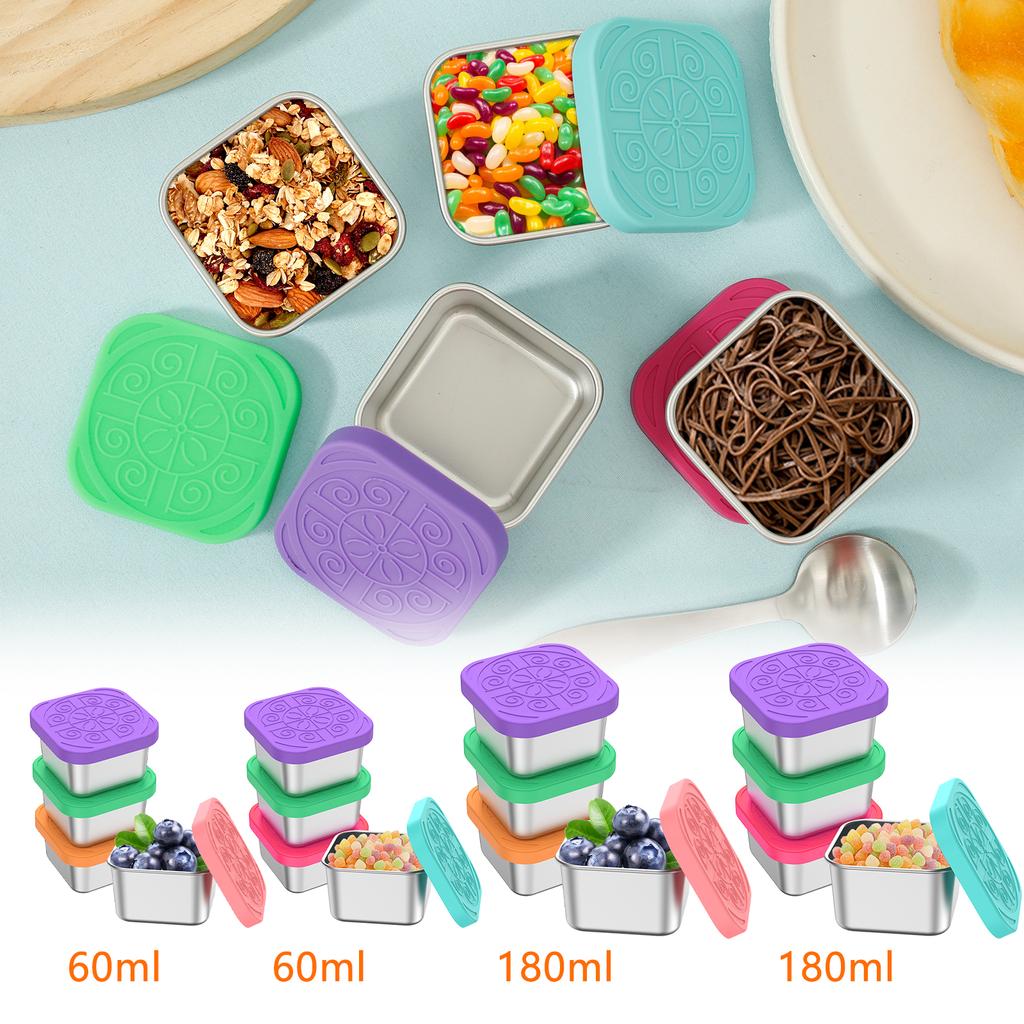 4Pcs 2/6oz Snack Container Stainless Steel Salad Box with Silicone Lids Leakproof Portable Stackable Dressing Food Storage Box