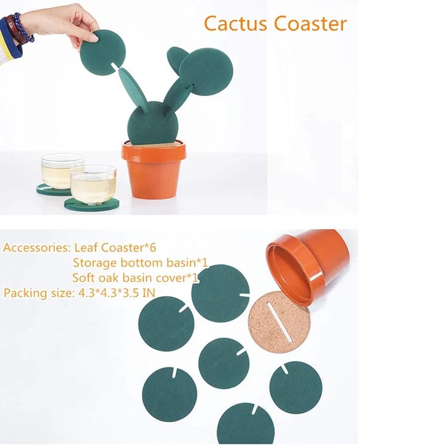 Cactus Coaster 6-Piece Green Coaster Cactus Set with Flower Pot Shaped Holder Heat Insulation Pads for for Decoration