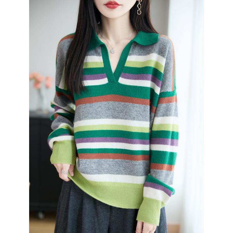 Women's Rainbow Striped Polo Collar Wool Sweater - Stylish, Slimming, Autumn/Winter Loose Fit