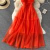 Sexy Mesh Strap One Piece Dress Women Sweet Ruffle A-Line Beach Party Dresses Female Fashion Solid Design Elegant Clothing 2024