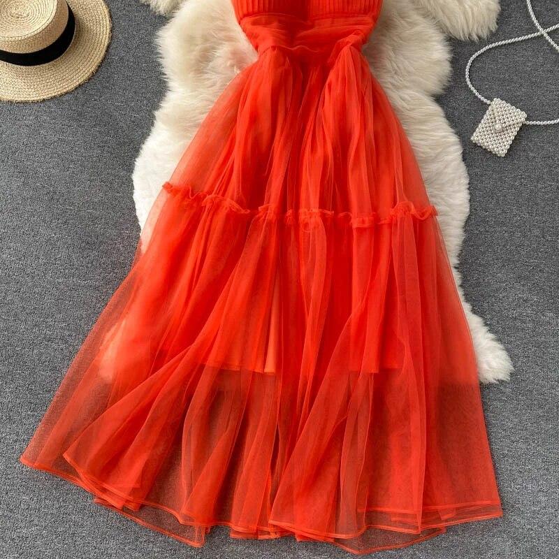 Sexy Mesh Strap One Piece Dress Women Sweet Ruffle A-Line Beach Party Dresses Female Fashion Solid Design Elegant Clothing 2024