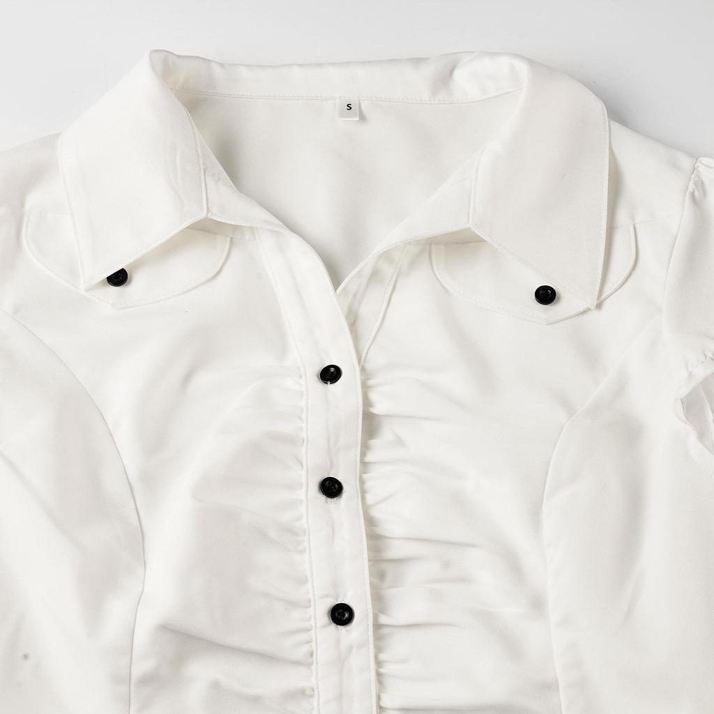 American Style Lapel Waist-Cinched Pleated Short-Sleeve Cardigan Shirt