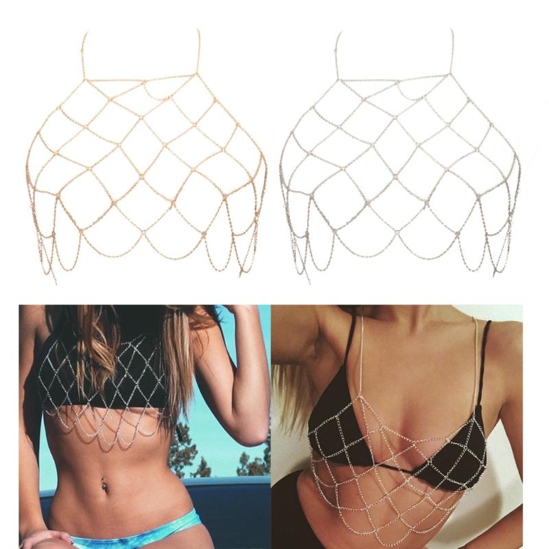 Mesh Body Chain Handmade Chest Chain Sexy Beach Bikini Bra Chain Harness Belt Body Accessories for Women and Girls