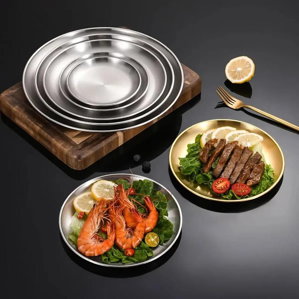 2Pcs Round Dining Stainless Steel Metal Disc Bone Spitting Dish High Quality Shallow Tray Silver BBQ Disc Kitchen Plate