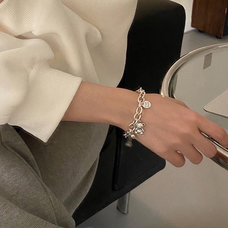 Sterling Silver S925 Silver Bracelet Letter Round Plate Niche Retro Bestie Bracelet Female Cute Korean Version Birthday Gift Bear Bracelet