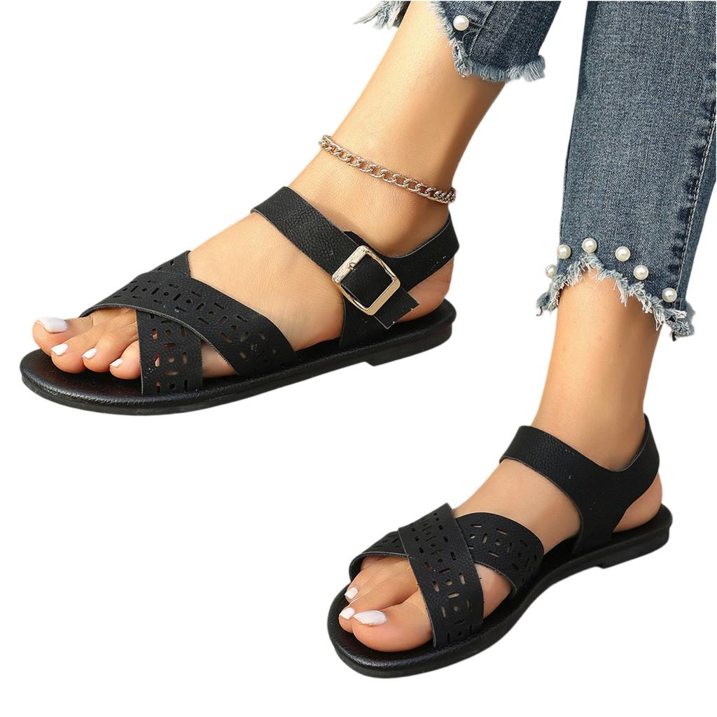 Women's round headed retro hollowed out casual one button open toed women's sandals