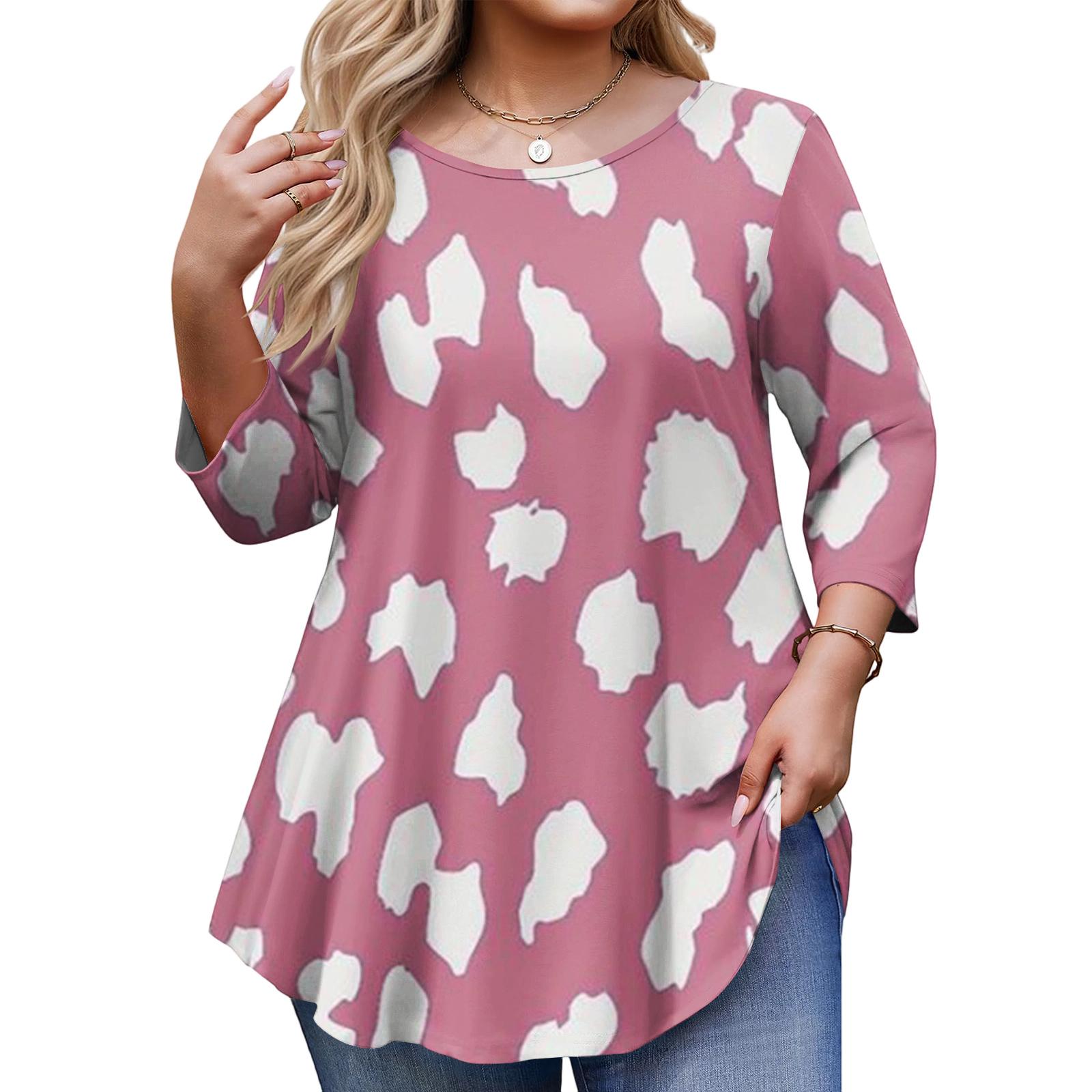 

Ladies Floral Print Plus Size 3/4 Sleeve Round Hem Round Neck Fashion Top XXXXL рожевий
