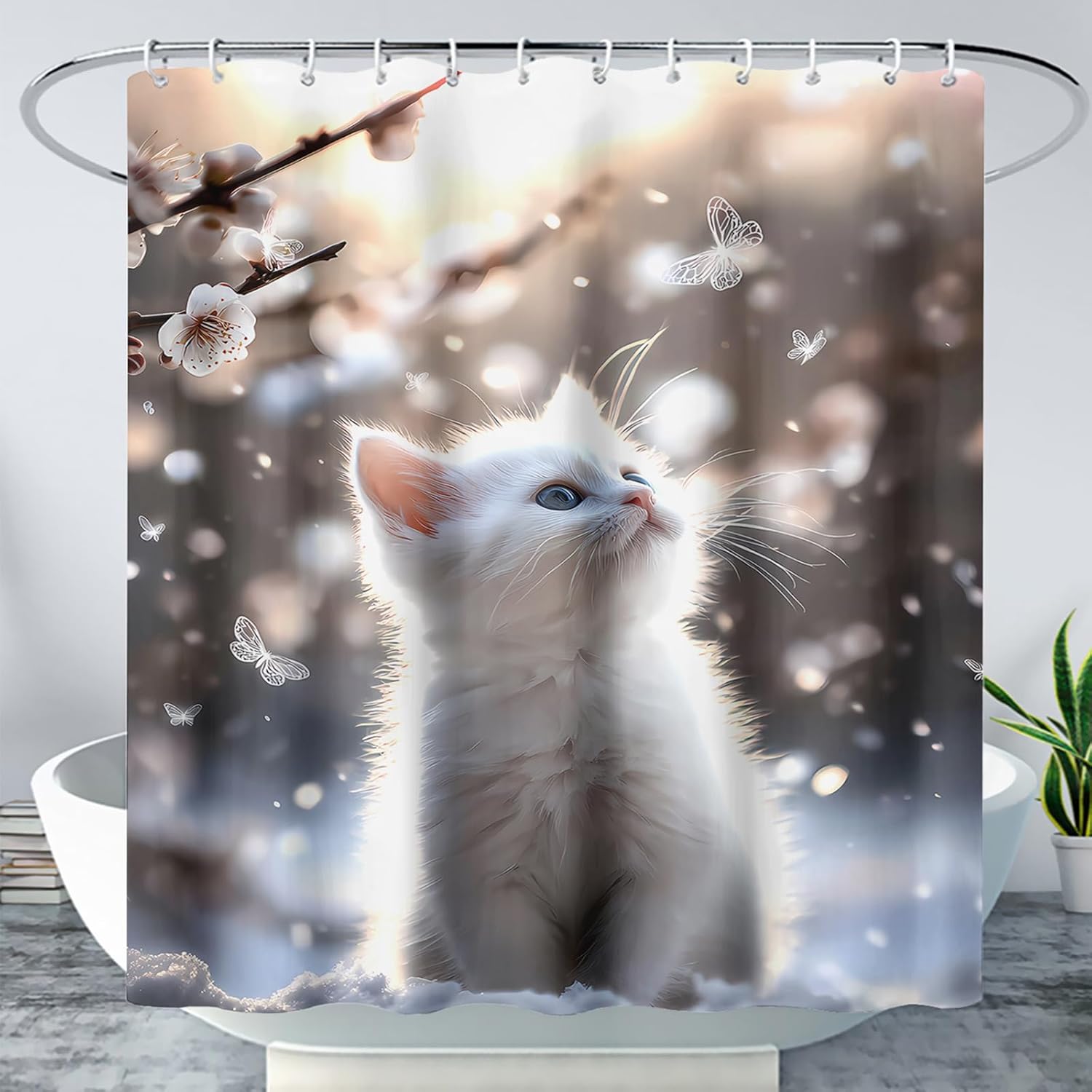 

Cute Cat Cartoon Pet Cat Kitten Bathroom Curtain,Cat Paw Print Cat Lover Bath Curtain Polyester Waterproof Bathroom Curtain With W60H190(CM)-1 Pcs
