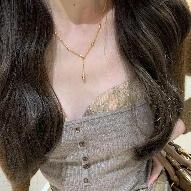 Light Luxury French Medieval Micro-Inlaid Zircon Small Waist Water Drop Necklace Super Flash Exquisite Pendant Temperament Niche Collarbone Chain