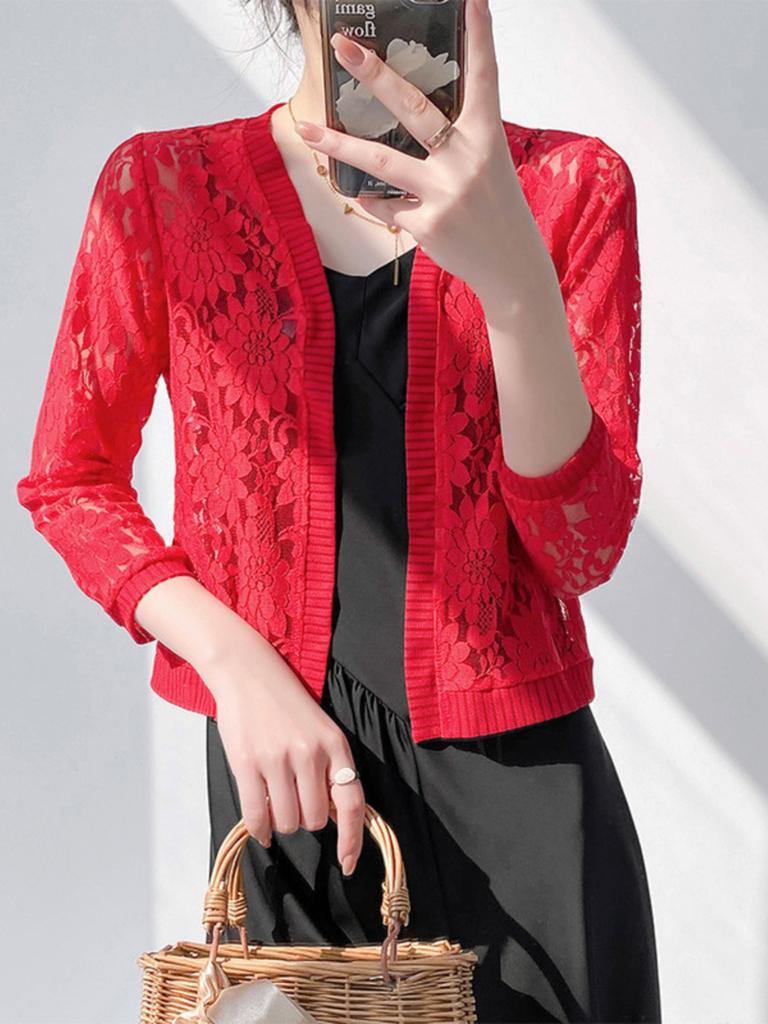 Damen Bolero Vorne Offen Langarm Crop Schals Shrugs Weiß Schwarz Rot Spitze Bolero Hochzeitsjacke Cardigan Top Up Braut Wraps