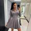 Women's Autumn Solid Waist-Hugging Long-Sleeve Collared Short Dress