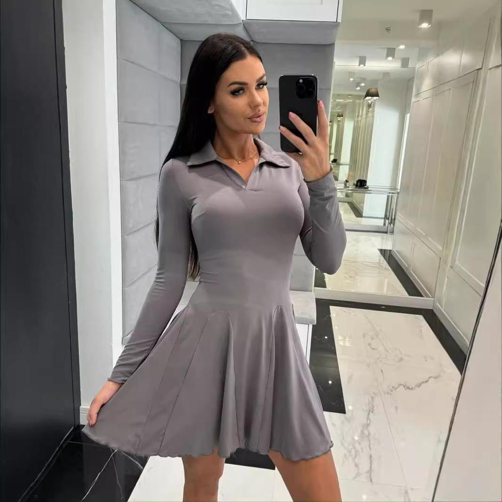 Women's Autumn Solid Waist-Hugging Long-Sleeve Collared Short Dress