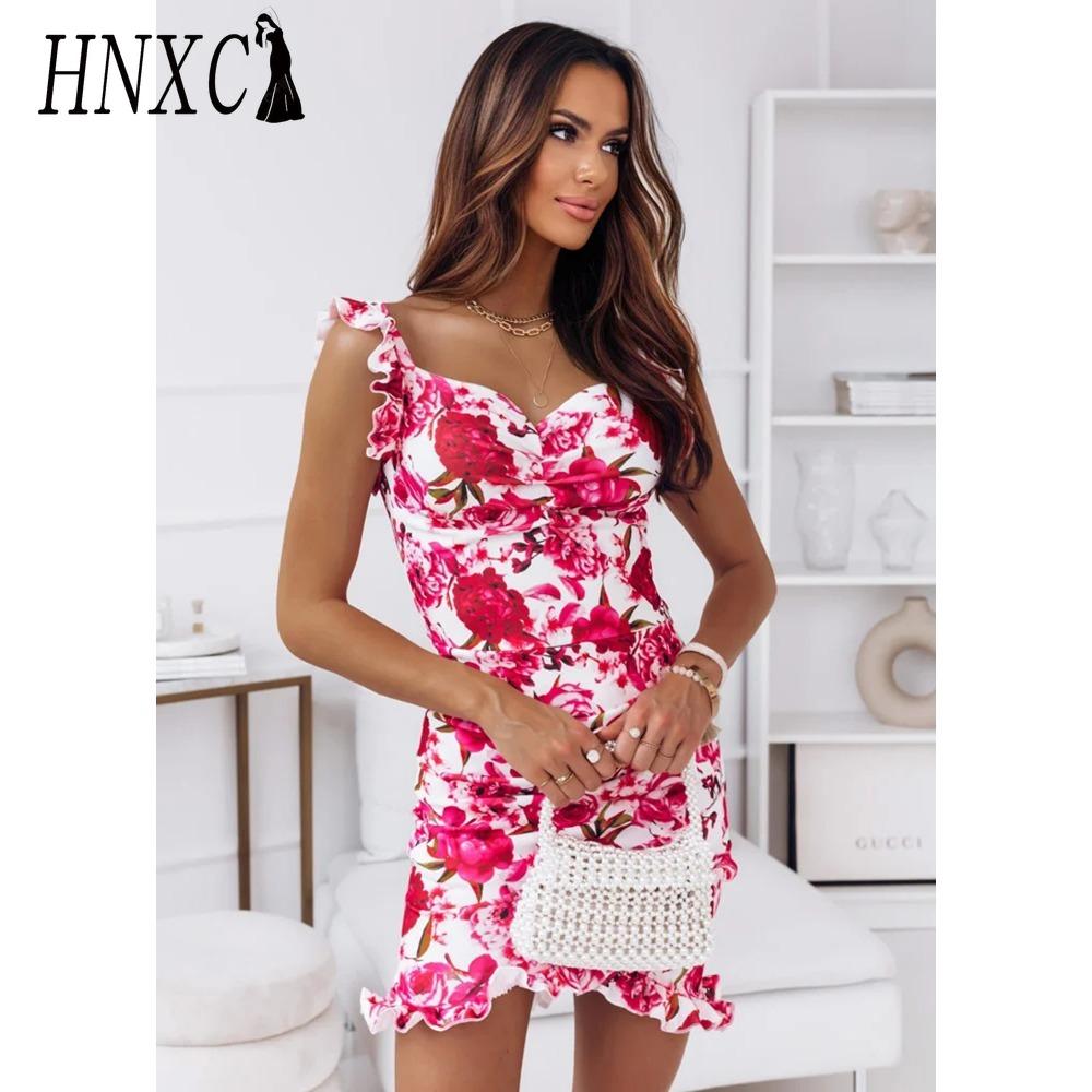 HNXC Summer Women Floral Print Butterfly Sleeve Bodycon Dress Ruffle V Neck Bandage Casual Short Sundress Female Beach Spaghetti Strap Mini Dress