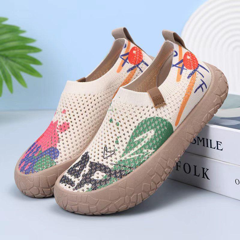 

New Summer Mesh Painted Travel Flying Woven Breathable Shoes Versatile Soft Sole Comfortable One-Pedal Lazy Shoes Women 36 бежевый