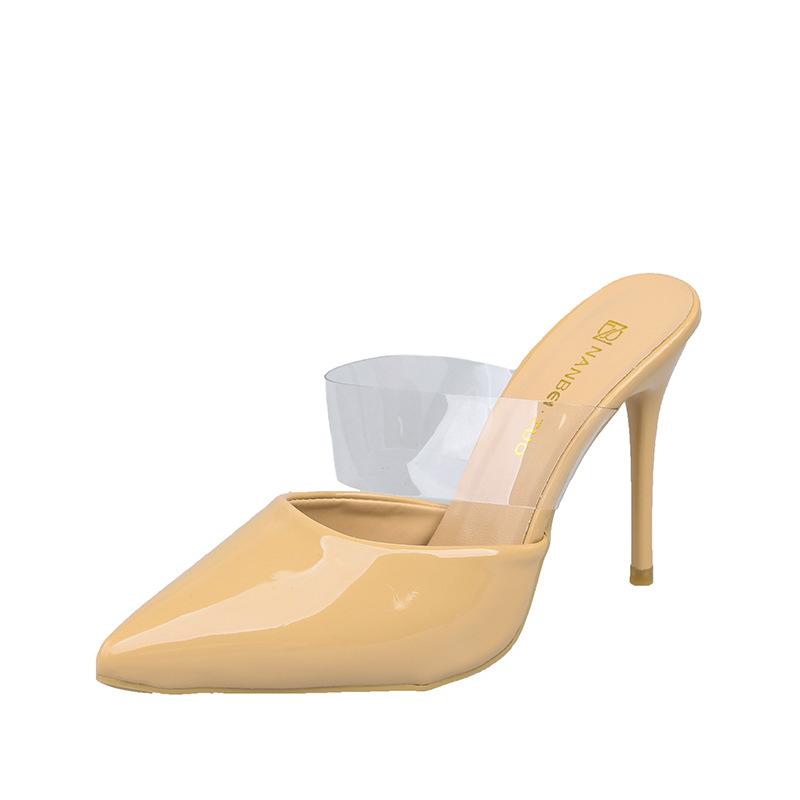 Large size slippers, new Korean version of high-heeled sandals, thin heels, one-word transparent with bag head and half-towed outer slippers