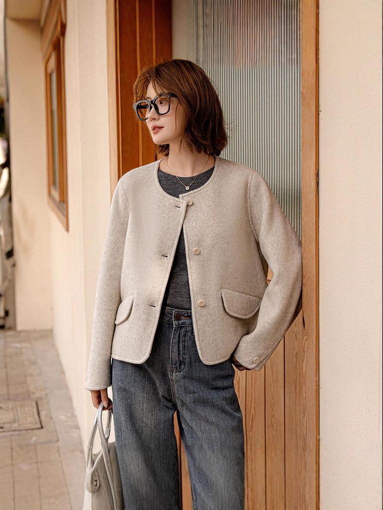 2025 Autumn/Winter Petite Woolen Short Coat - Round Neck, Coco-Inspired, Korean Style