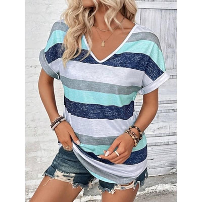 

Женская футболка повседневная полосатая с V-образным вырезом и коротким рукавом летняя футболка свободного кроя модная многоцветная 5XL