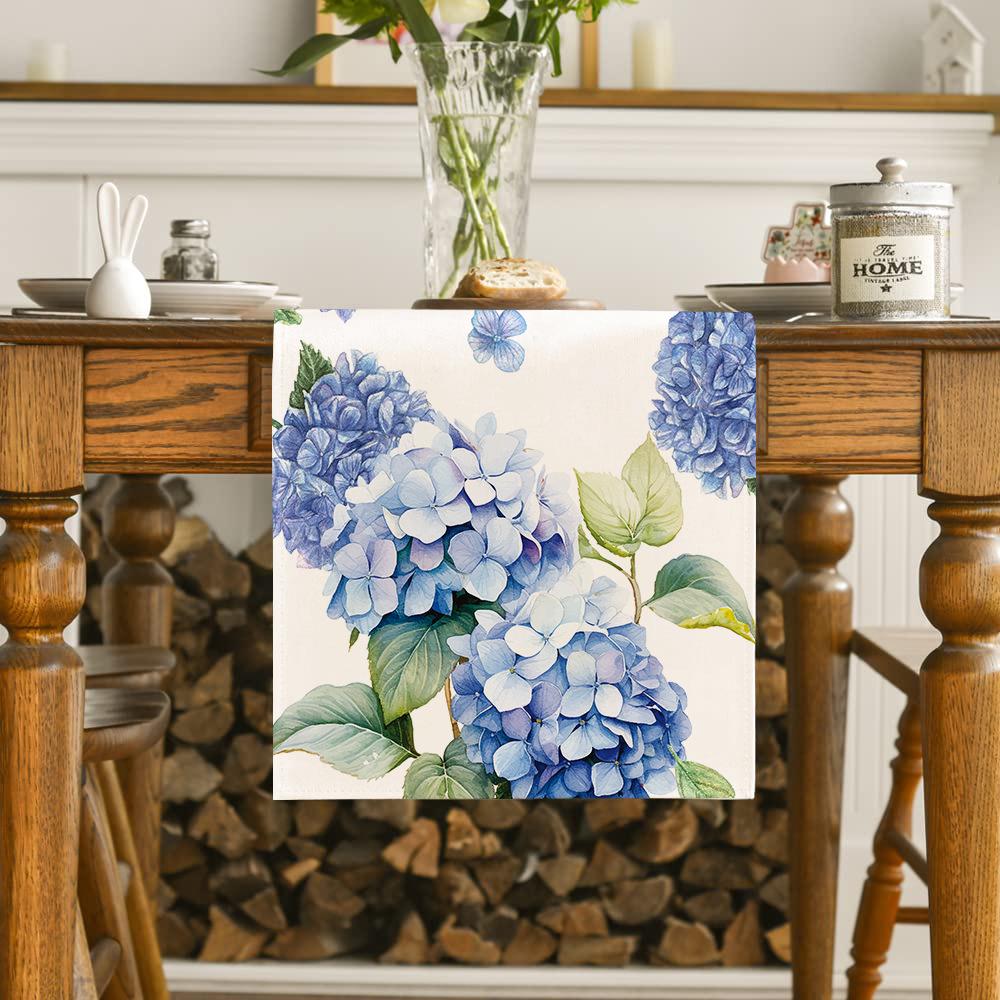 Hydrangea Butterfly Linen Table Runner - Colorful Floral Decor for Kitchen, Dining, or Party