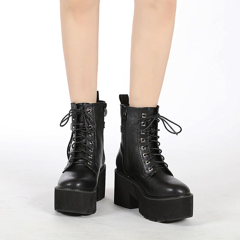 

Autumn and Winter Thick Heel Martin Boots Rivet Trend Front Lace-Up Side Zipper Women s Boots 43 чорний