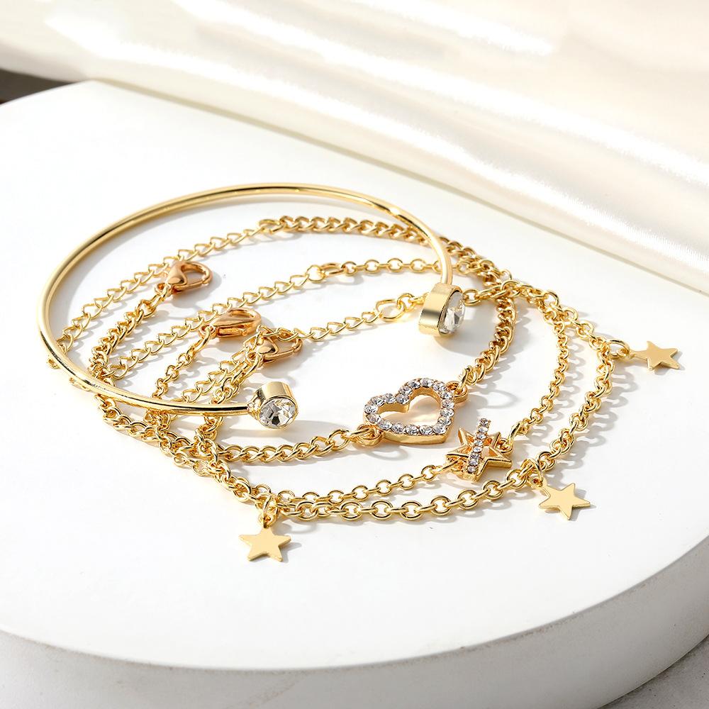 Womens Star Love Heart Rhinestone Bracelet Set