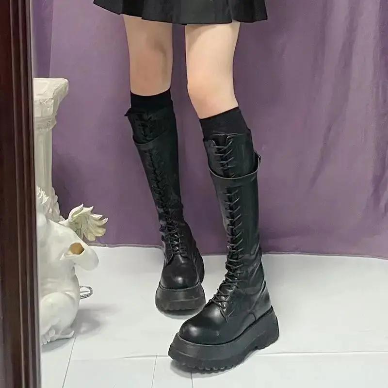 Fashion Lace-up Winter 2025 Knee High Shaft Shoes Woman With Laces Platform Long Boots for Women Waterproof Demi-season Work Spring New