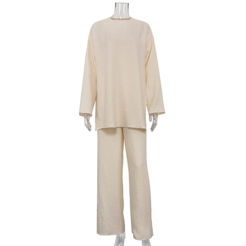 2023 Long Sleeve Casual Crepe Blouse Women Long Pant 2 Two Piece Sets O Neck Split Simple Tops Loose Trousers Suit Outfits 28162