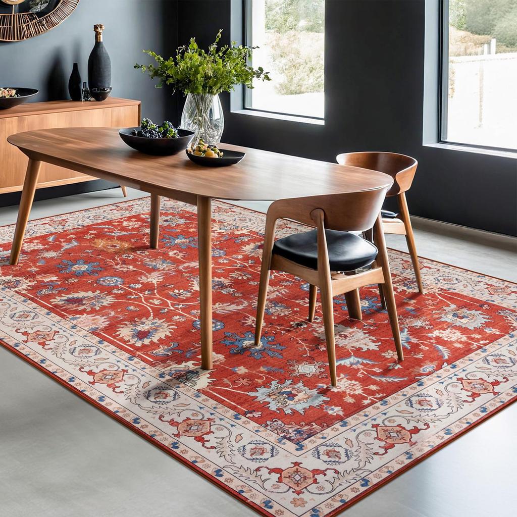 Vintage Bohe Washable Red Area Rug for Living Room, Bedroom, Office Ultra-thin Stain Resistant Indoor Low Pile Carpet