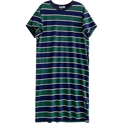 Side Hidden Pocket Slit Striped Dress for Women's Summer New Pure Cotton Loose Straight Over-knee Midi Skirt