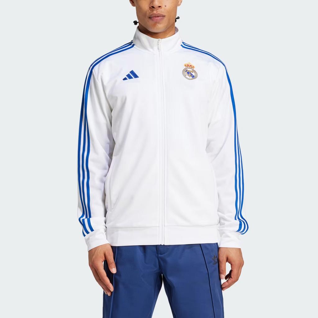 Adidas Real Madrid DNA Track Jacket with Striped Brand Logo and Front Zip Men Tops White IT3804