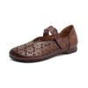 2026 Summer New Roman Style Hollow Out Sandals Women Genuine Leather Velcro Strap Flat Mules Comfortable Casual Shoes