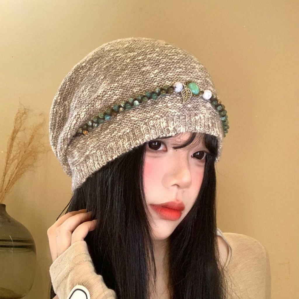 Korean Version Autumn and Winter Hat Women's Retro Versatile Ethnic Style Beaded Head Hat Big Head Circumference Warm Knitted Wool Hat